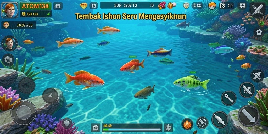Tangkapan layar gameplay ATOM138 yang menunjukkan aksi Tembak Ikan.