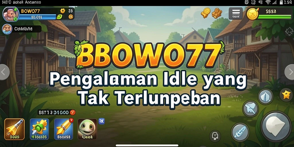 Screenshot gameplay BOWO77 dengan karakter dan sumber daya menarik.