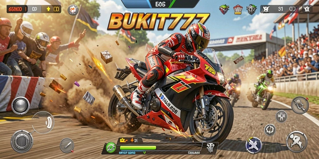 Tangkapan layar gameplay BUKIT777 yang menampilkan balapan motor yang intens.