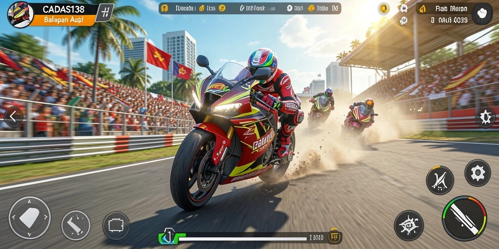 Tampilan gameplay seru dengan motor balap yang cepat.