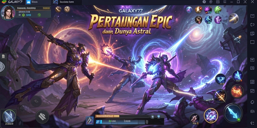 Screenshot menampilkan sosok pejuang di arena galaksi.