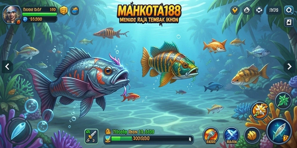 Tangkapan layar gameplay seru dalam MAHKOTA188 menunjukkan aksi Tembak Ikan.