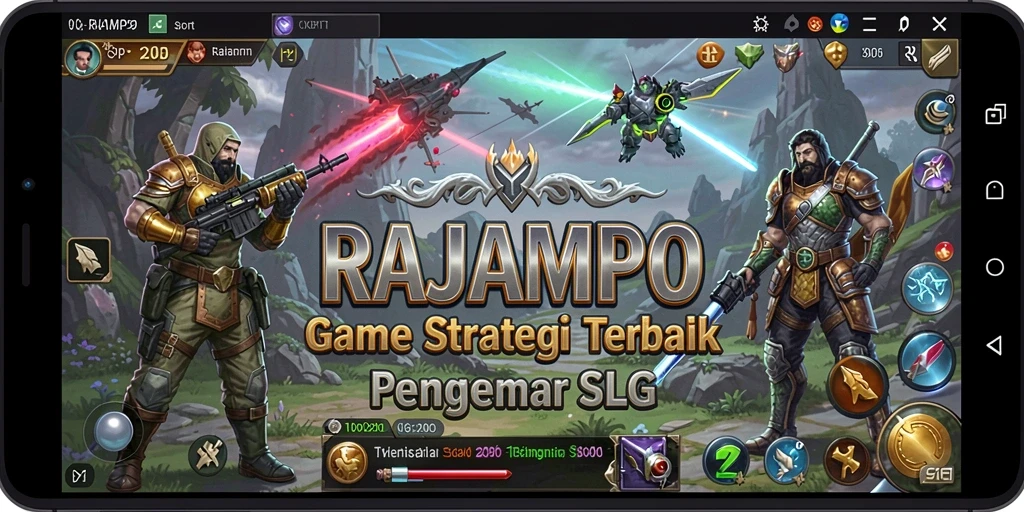 Screenshot utama RAJAMPO menampilkan pertempuran epik dan pembangunan kerajaan.