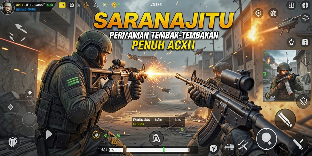 Tampak layar permainan SARANAJITU dengan aksi tembak-menembak seru.