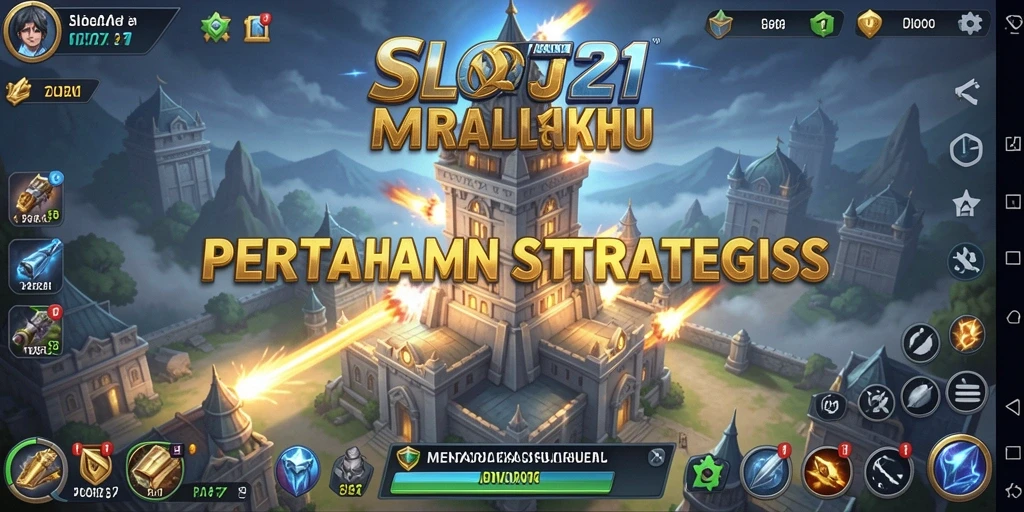 Tampilan utama gameplay SLOT21 dengan pertahanan menara yang epik.