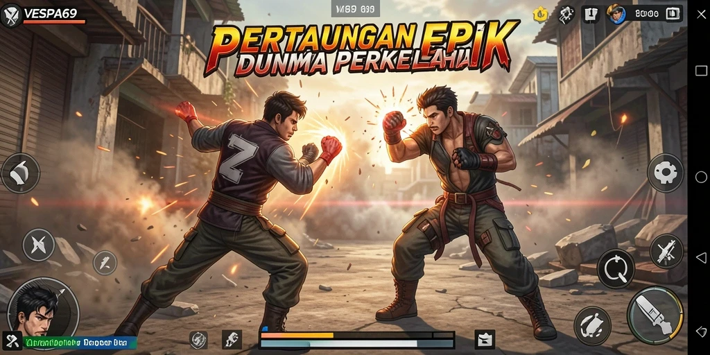Screenshot pertarungan seru dalam VESPA69 dengan karakter sedang bertarung.