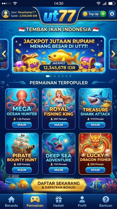 Tampilan utama aplikasi ut77 dengan berbagai kategori.